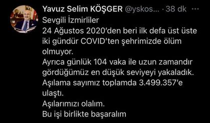 İzmir Valisi Köşger: Kentte iki gündür Covid-19 kaynaklı ölüm yok