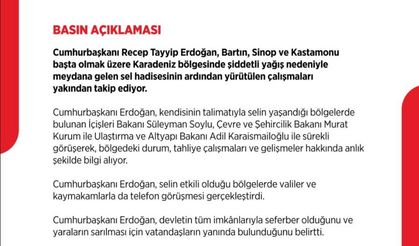 Bartın, Sinop ve Kastamonu'daki sel / Cumhurbaşkanı Erdoğan çalışmaları yakından takip ediyor
